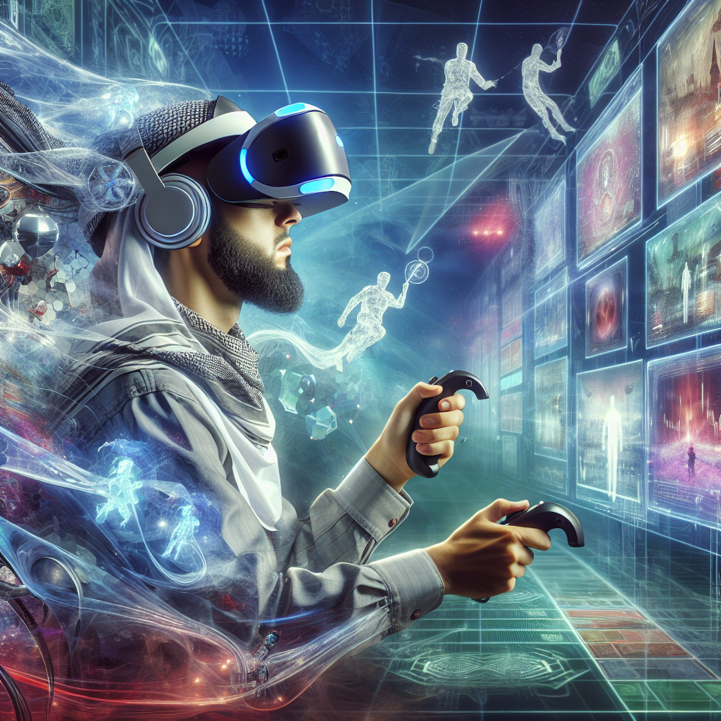 An added dimension to gaming, an individual engrossed in an all-embracing virtual reality gaming environment. The depiction of a Middle-Eastern male, adorned in high-end VR gear, fluidly operating the gaming controls. High-tech holographic interfaces surround him, enhancing the immersive experience. Ephemeral figures within the game materialize and dissolve around him, reflecting the dynamic and changing scenarios within the game. The setting itself is futuristic, flashbacked with a multitude of colorfully-lit screens, portraying various game scenes and statistics. His calm yet focused gaze is the centerpiece, truly indicating the intensity and involvement in the gaming universe.