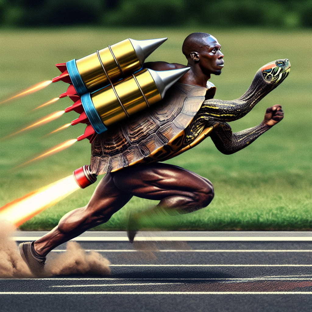 Generate an image of a turtle effortlessly outpacing Usain Bolt as though it has two rockets strapped to its shell