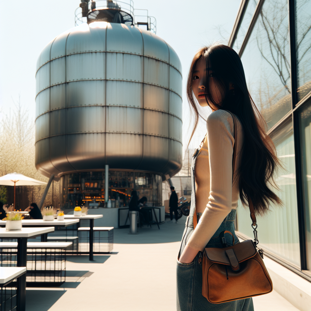 On a radiantly sunny spring afternoon, a tall, slightly plump, long-haired Chinese girl, her profile visible only, is posing with a small bag on her back. She is standing in front of a cafe that possesses an aesthetic reminiscent of a futuristic oil tank. She turns to glance back, and this moment is beautifully captured. She is positioned right in the center of the image, with her entire silhouette clearly visible.
