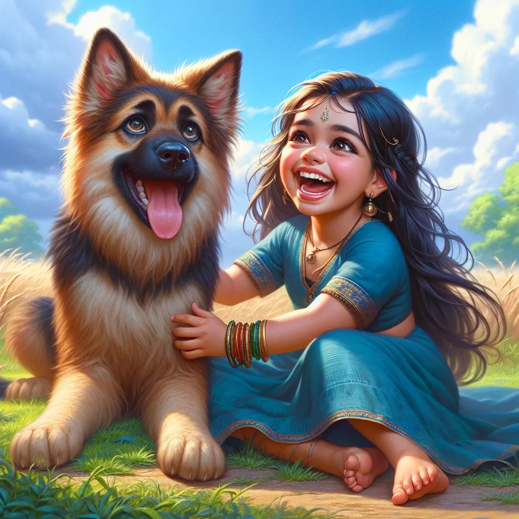 An image depicting a young South Asian girl with long dark hair, wearing a blue dress. She is joyfully playing with her large guard dog, a fluffy German Shepherd with golden fur. They are in an open grassy field. The blue sky overhead is scattered with fluffy white clouds. A gentle breeze rustles the green leaves of trees in the background. The girl is in mid-laugh, her eyes sparkling with happiness while she pets the excited dog. The German Shepherd is sitting obediently next to her, its tail wagging enthusiastically as it looks lovingly at the little girl.