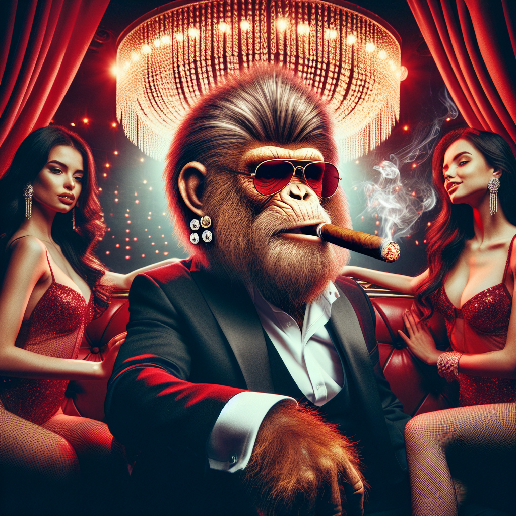 In the luxurious booth of a romantic, red-lit club, there sits a robust monkey dressed in a suit. Surrounding him are three attractive dancing women. The monkey's hair stands up on end, and on the outline of his right ear, there are four earrings. A huge cigar is clamped in his mouth, and his red sunglasses reflect a dazzling light.