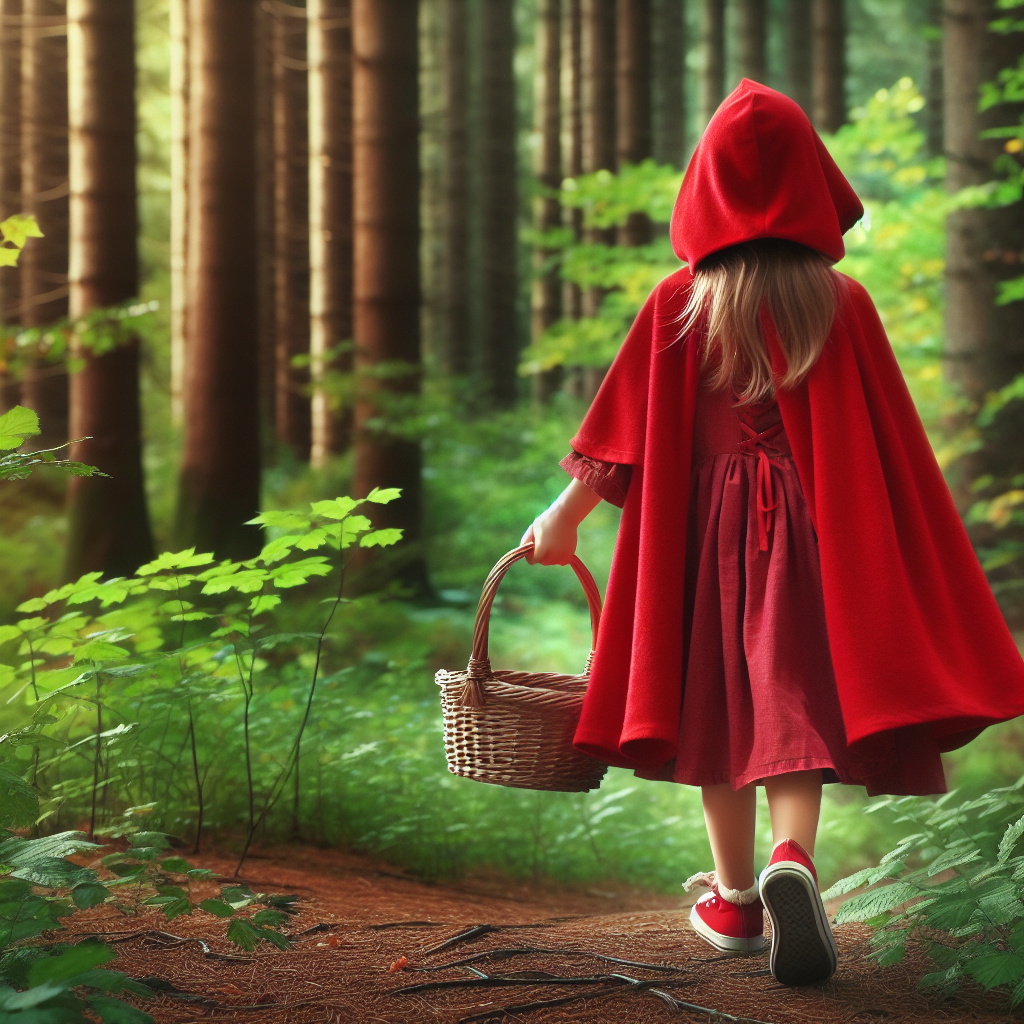 An image of a little girl wearing a vibrant red hooded cape, a simple dress, with a woven basket in her hand. Strolling in a forest with tall trees and foliage, showing no fear, embodying the character of Little Red Riding Hood from the popular fairytale.