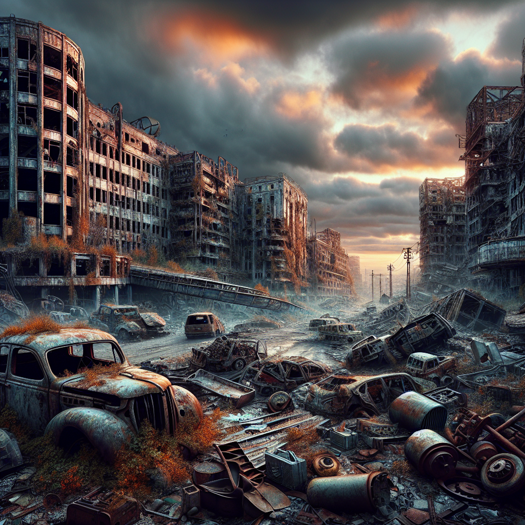 Create a science fiction themed image, depicting an apocalyptic world. The scene showcases abandoned buildings, with their structures distorted and crumbling. The sky is cloudy with hues of orange and red, indicating a fading light. There are piles of corroded machinery, crashed vehicles, and metal scraps scattered around. The presence of overgrown vegetation on the buildings and streets imply a long absence of human activity. Despite this desolation, there's an element of resilience in nature's reclaiming of the land. A few wild animals can be spotted, exploring their newfound territory.