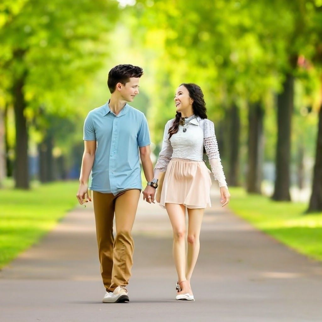 a young man and a young woman walking in a beautiful park