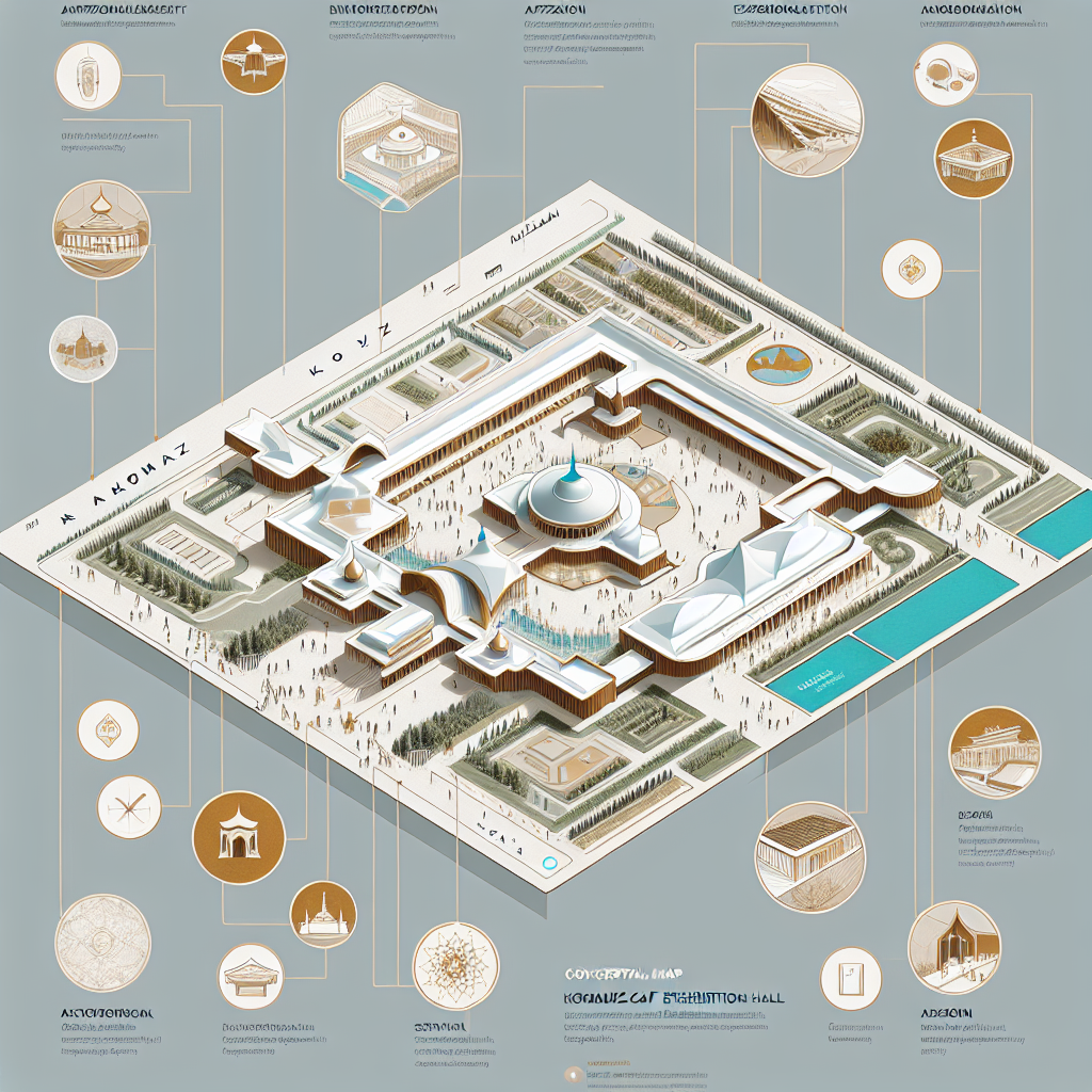 Conceptual map of a Kazakh traditional Komuz craft exhibition hall, detailing the distribution of various exhibition areas, experiential interaction zones, and service facilities.