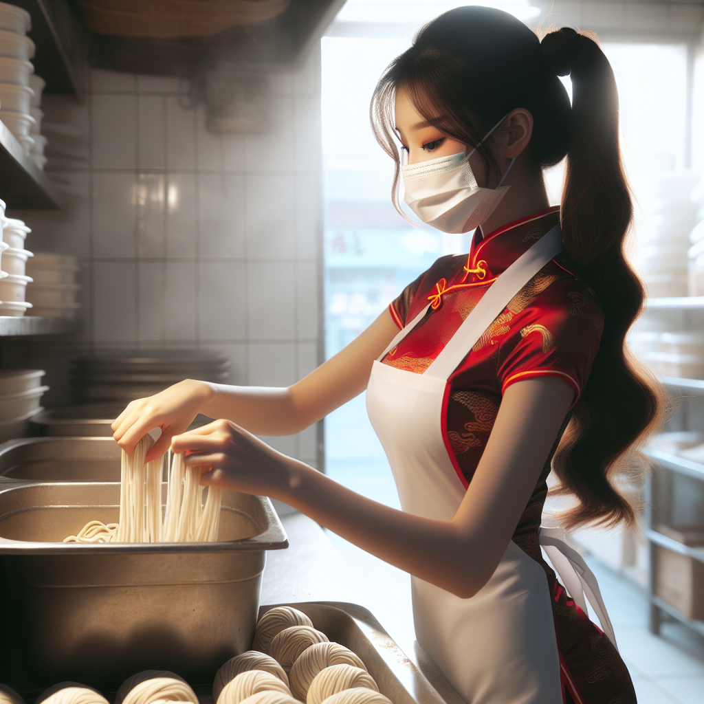 A Chinese girl with long hair and a perfect silhouette, wearing a mask patterned with the Chinese flag. She's in traditional Chinese work attire, diligently kneading noodles in her own bun shop. The shop is clean and tidy. Capture the entire alluring silhouette of the girl.