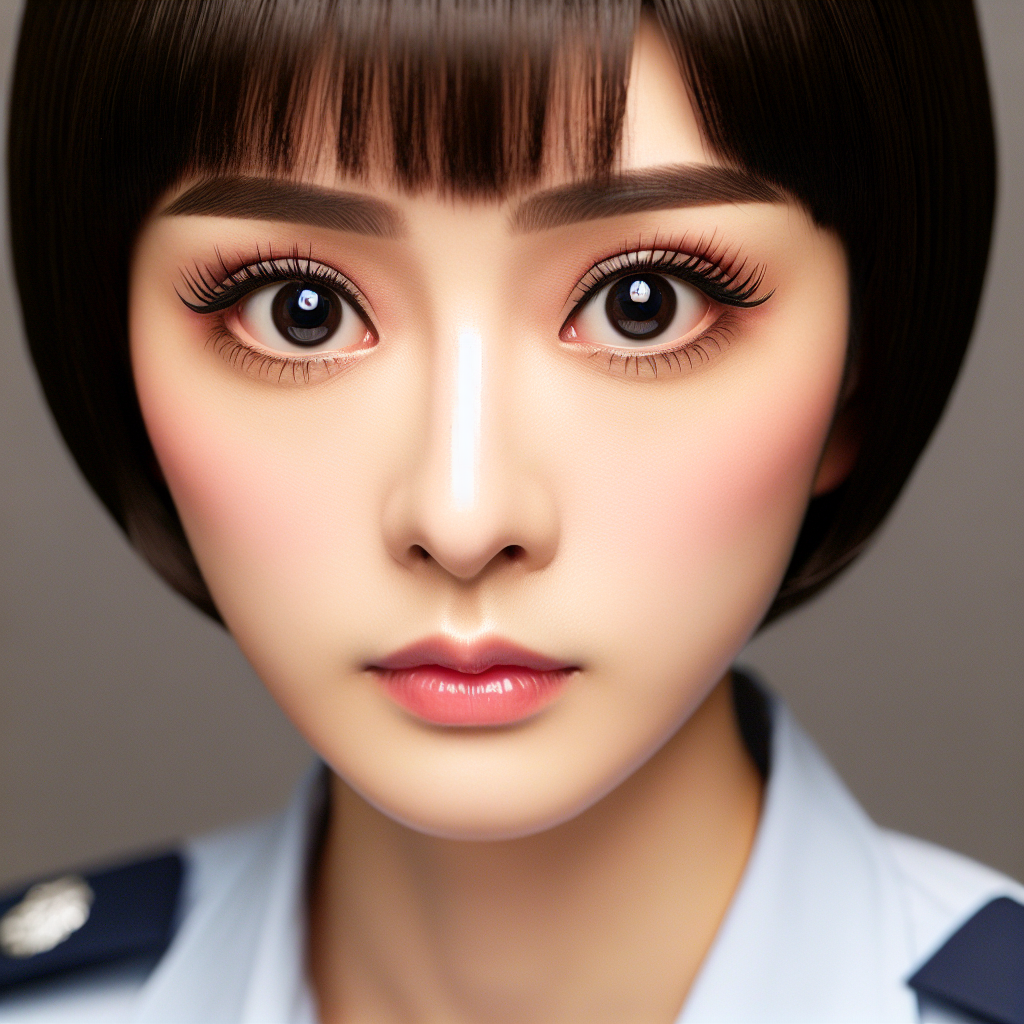 An image of a young, beautiful Chinese policewoman as often seen in films. She has a melon seed-shaped face, almond-shaped eyes with black pupils, and porcelain white, delicate skin. Her hair is bobbed and aligns with her ears. She has an expression of impatience on her face. The focus of the image should be clear enough to see her face distinctly.