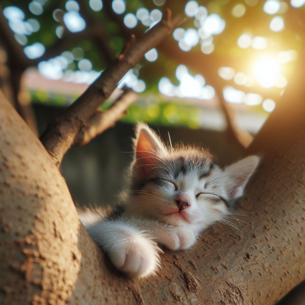 A cute kitten sleeping on a tree under the warm sunshine