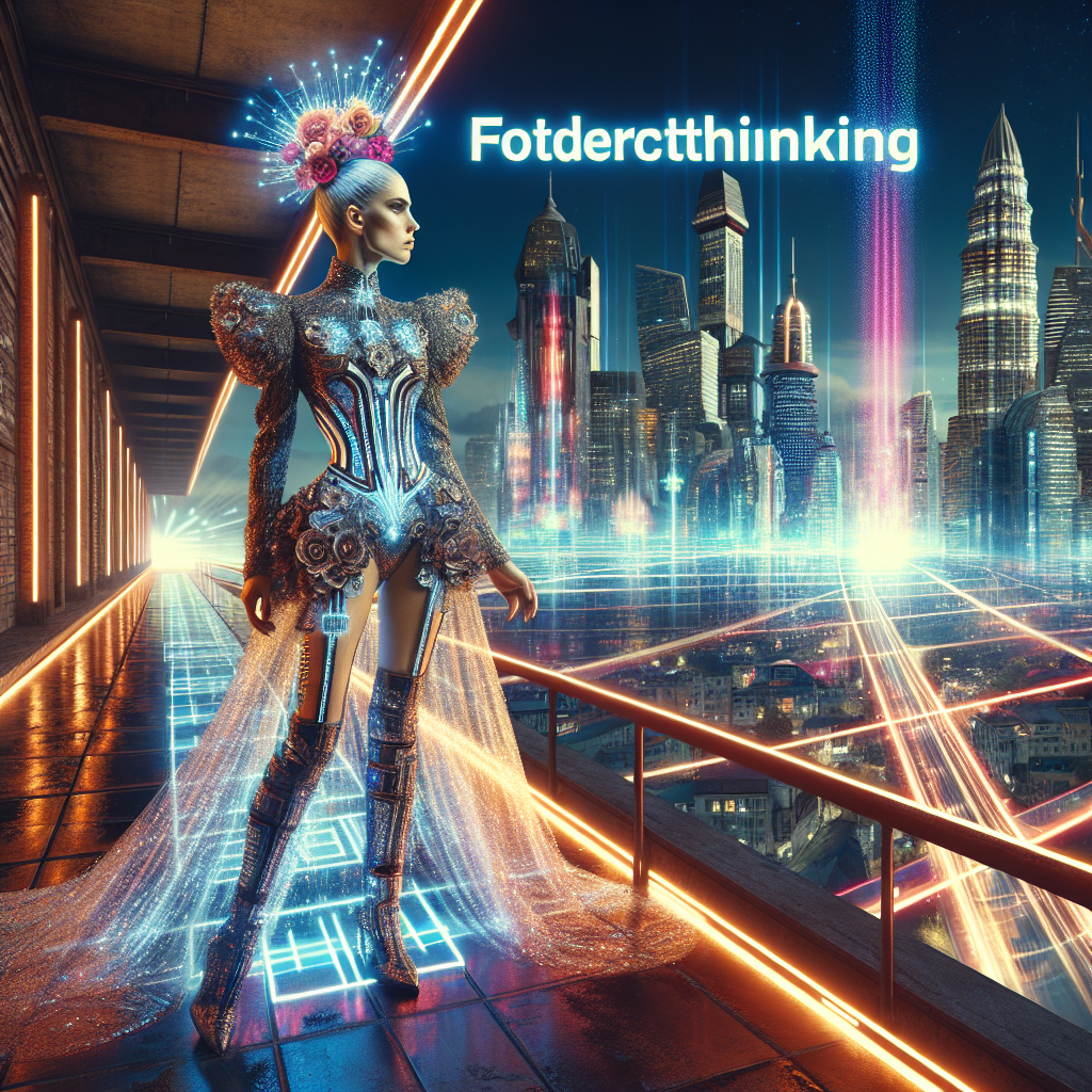 Visualize a forward-thinking fashion photoshoot on a rooftop with a breathtaking view of the future. The model is adorned in cutting-edge attire, highlighted by distinctive and intricate high-fashion details. This scene is set against the backdrop of an advanced cyberpunk cityscape, illuminated by radiant neon lights that cast a vibrant glow on the model. The composition of the image is inspired by vintage magazine fashion photography. Emphasis on the spectacular outfit and the spectacular backdrop establishes an opulent and electrifying atmosphere.