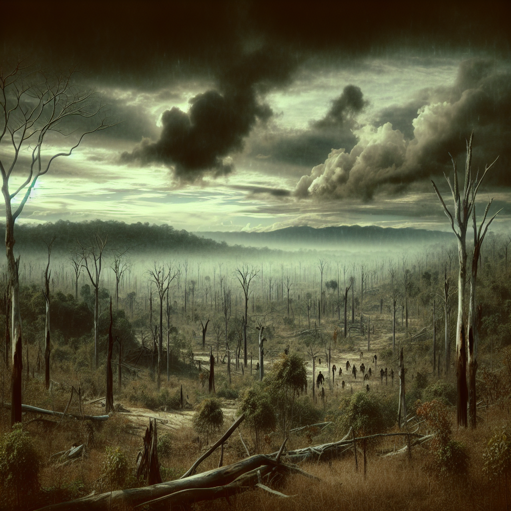 Generate an image showing a post-apocalyptic world overrun by zombies. The landscape is desolate with barren trees highlighting a frail forest. The art style is realistic.