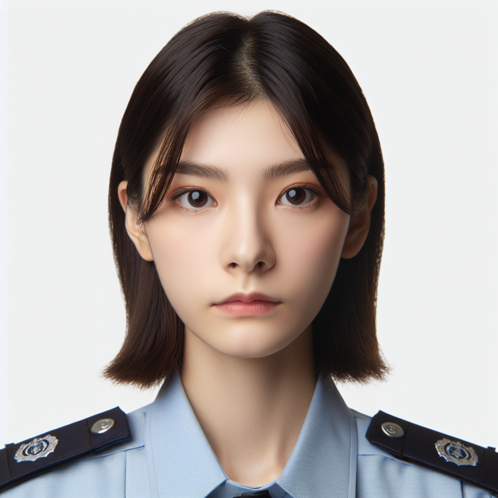 Generate an image of a young Chinese female police officer in which her face is clearly visible. She is in her standard uniform, which is neatly organized and shows her commitment to her job. Her expression is serious and determined, showcasing her dedication to maintaining law and order.