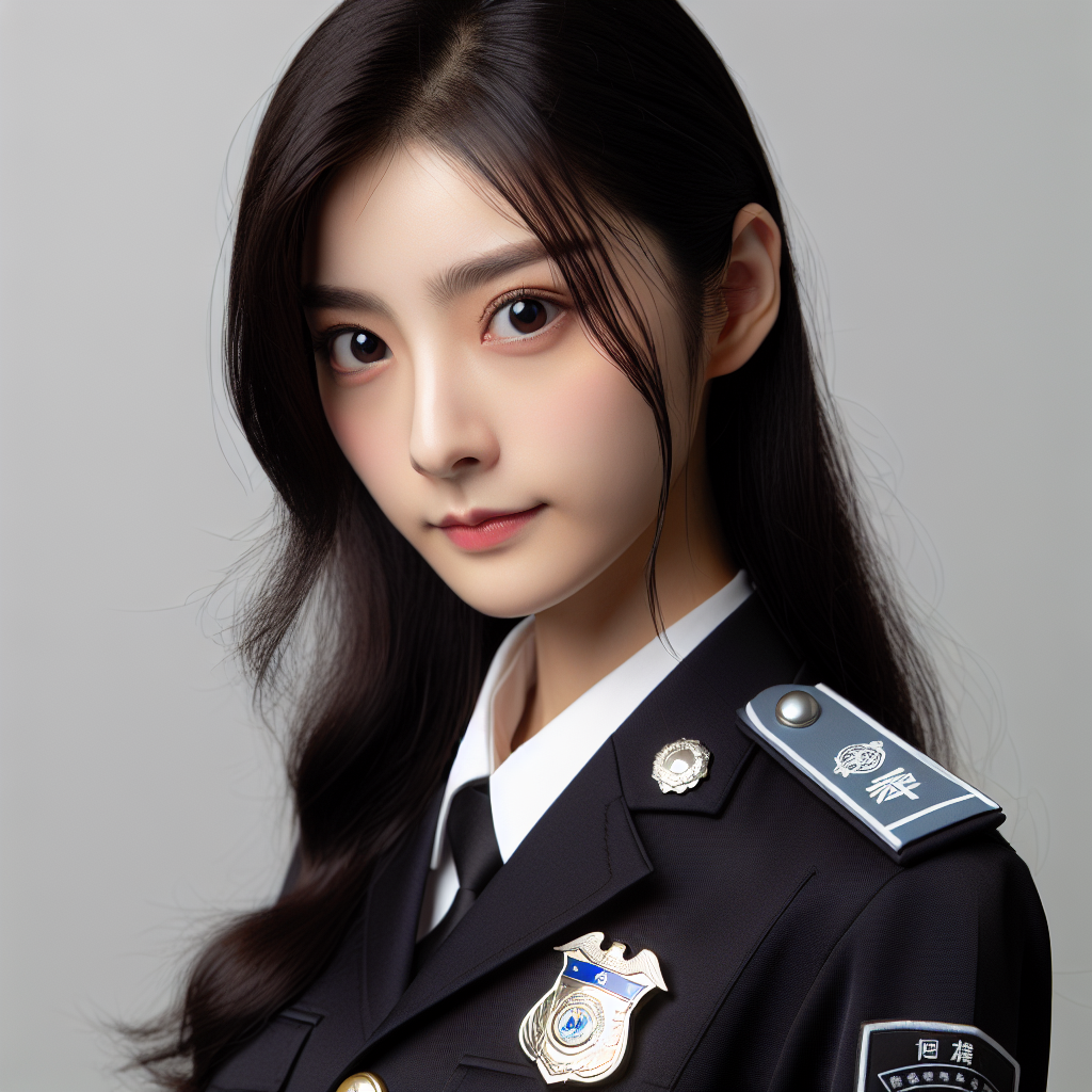 A beautiful, pure, and tsundere young Chinese female criminal police officer. She is donning an official uniform with a badge symbolizing her duty. Her eyes reflect determination, and her demeanor displays a sense of confidence and authority.