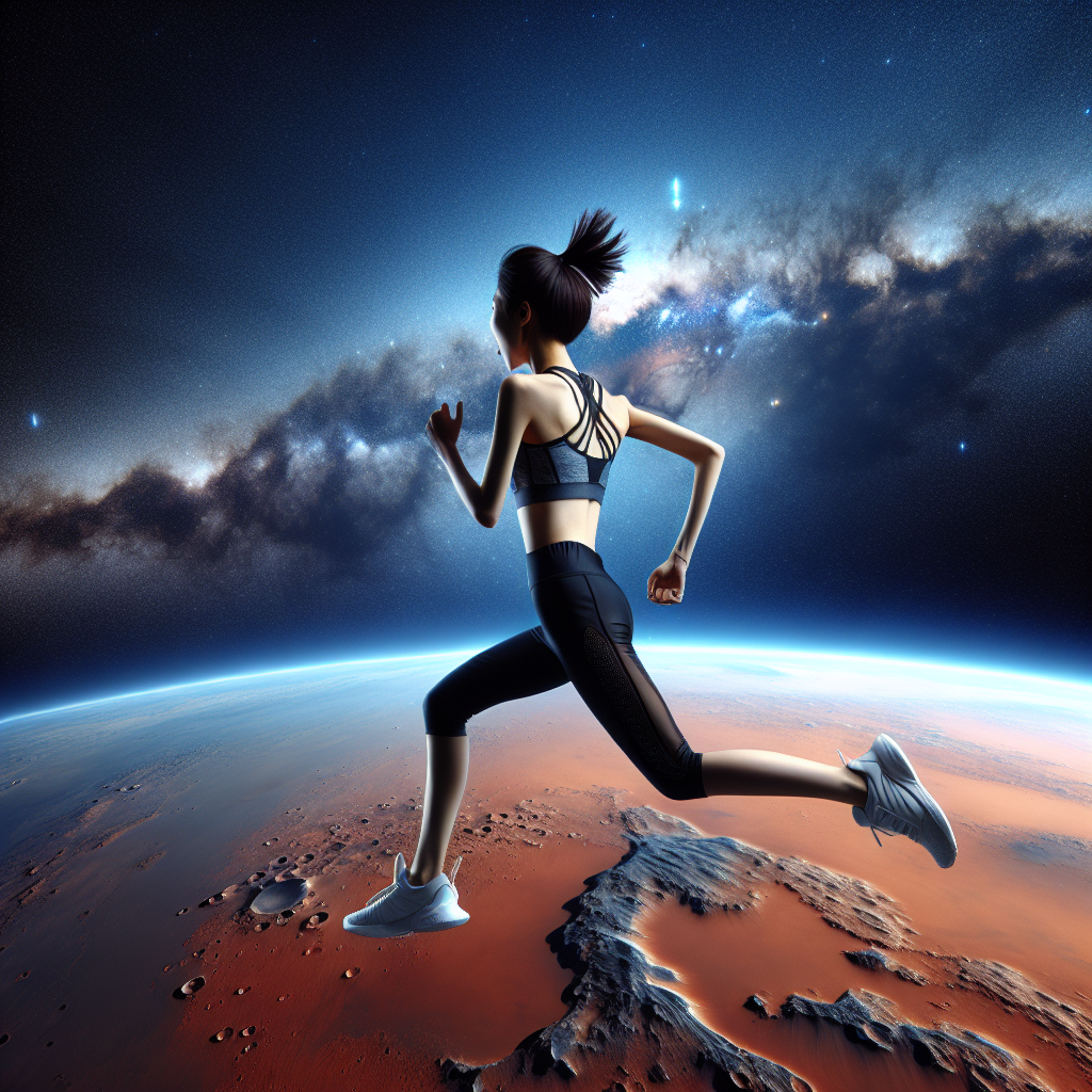 A tall Chinese girl with short hair, dressed in athletic gear, is passionately and energetically running on the horizon of Mars. The picture is taken from behind so only her silhouette is visible. The background of the image includes the deep blue Earth and the profound starry sky.