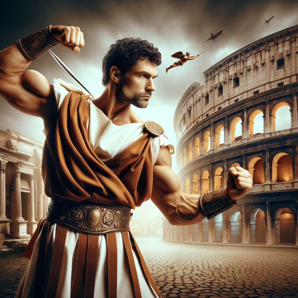 Create an image of a talented martial artist with a lean physique, who resembles a popular figure from the mid-20th century, situated in an Ancient Roman setting. Display a traditional Colosseum in the background, while the martial artist is clad in authentic Roman garb, such as a tunic or toga, striking an imposing pose.