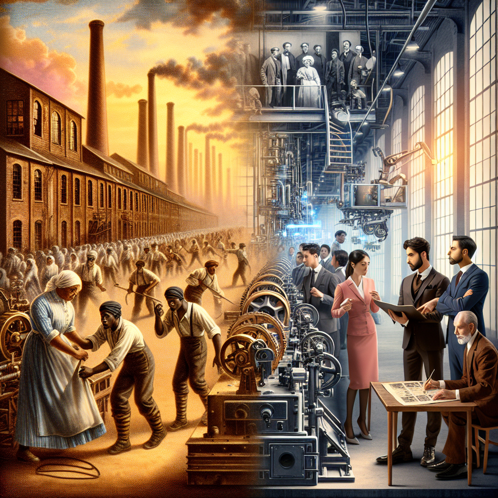 Create an elaborate image showcasing the transition from historical to modern times - the beginning with the dawn of the Industrial Revolution in the 18th century. In the scene, include 18th-century factories featuring Black and Caucasian workers busy hefting machinery parts, demonstrating hard labor and teamwork. As the timeline progresses, transform this image into a 21st century context. In this latter scene, depict South Asian and Hispanic individuals in professional attire, deeply engrossed in a serious discussion, expressing concerns near automated manufacturing lines. Highlight the contrast between human labor and automation, displaying both the advancement and complexities it brings.