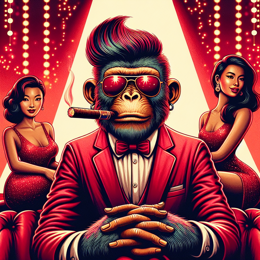 A vibrant lounge, imbued with romantic red hues, has a VIP booth where a robust monkey sits. The monkey is sophisticatedly attired in a suit and surrounded by three glamorous dancers of diverse descents: an Asian, a Hispanic, and a Caucasian lady. His hair stands erect, and the outline of his right ear is adorned with four piercings. He has a massive cigar propped in his mouth, and his red sunglasses reflect dazzling lights.