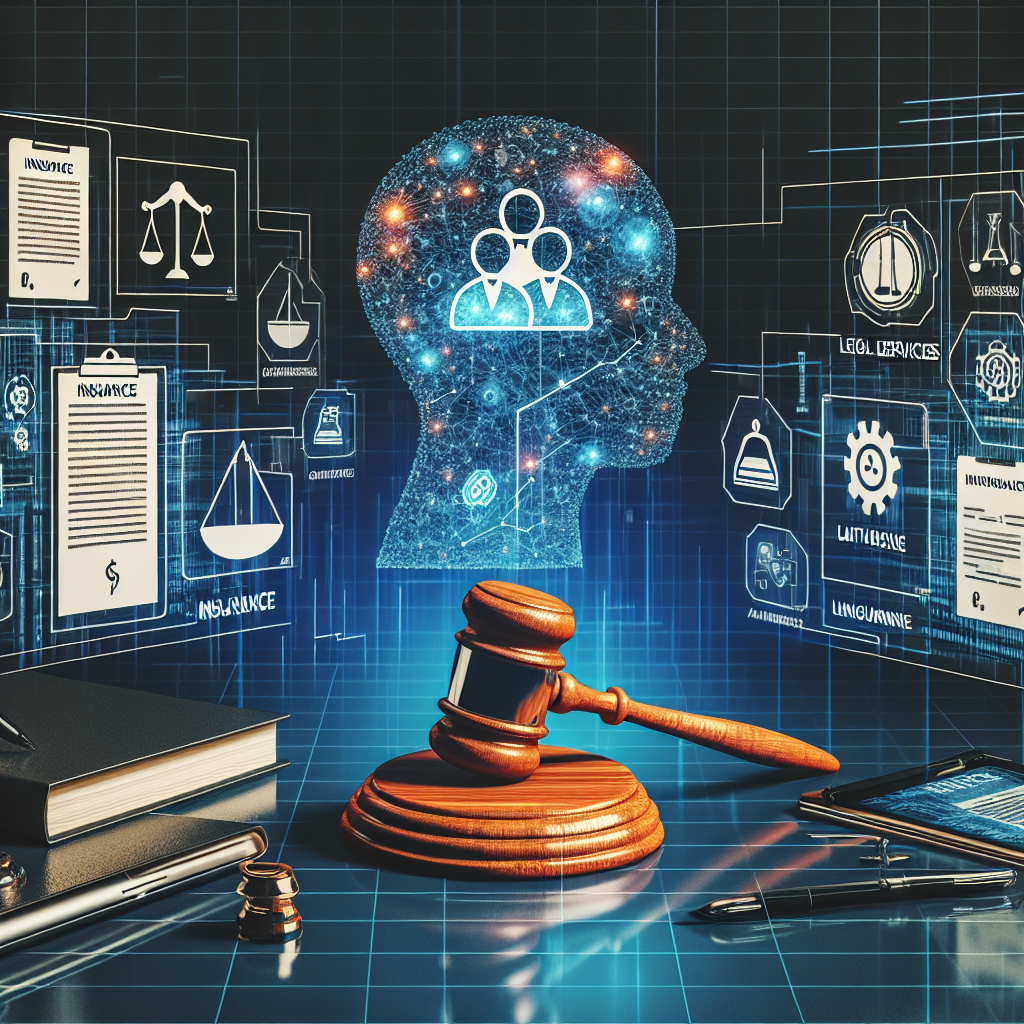 An image depicting a scene symbolic of an insurance company providing legal services to a tech enterprise to mitigate risks. The image should not contain any people, only functional tools indicative of insurance, legal services, and technology. Consider including items such as a gavel, legal documents, insurance policy, futuristic technology devices, and innovative algorithms.