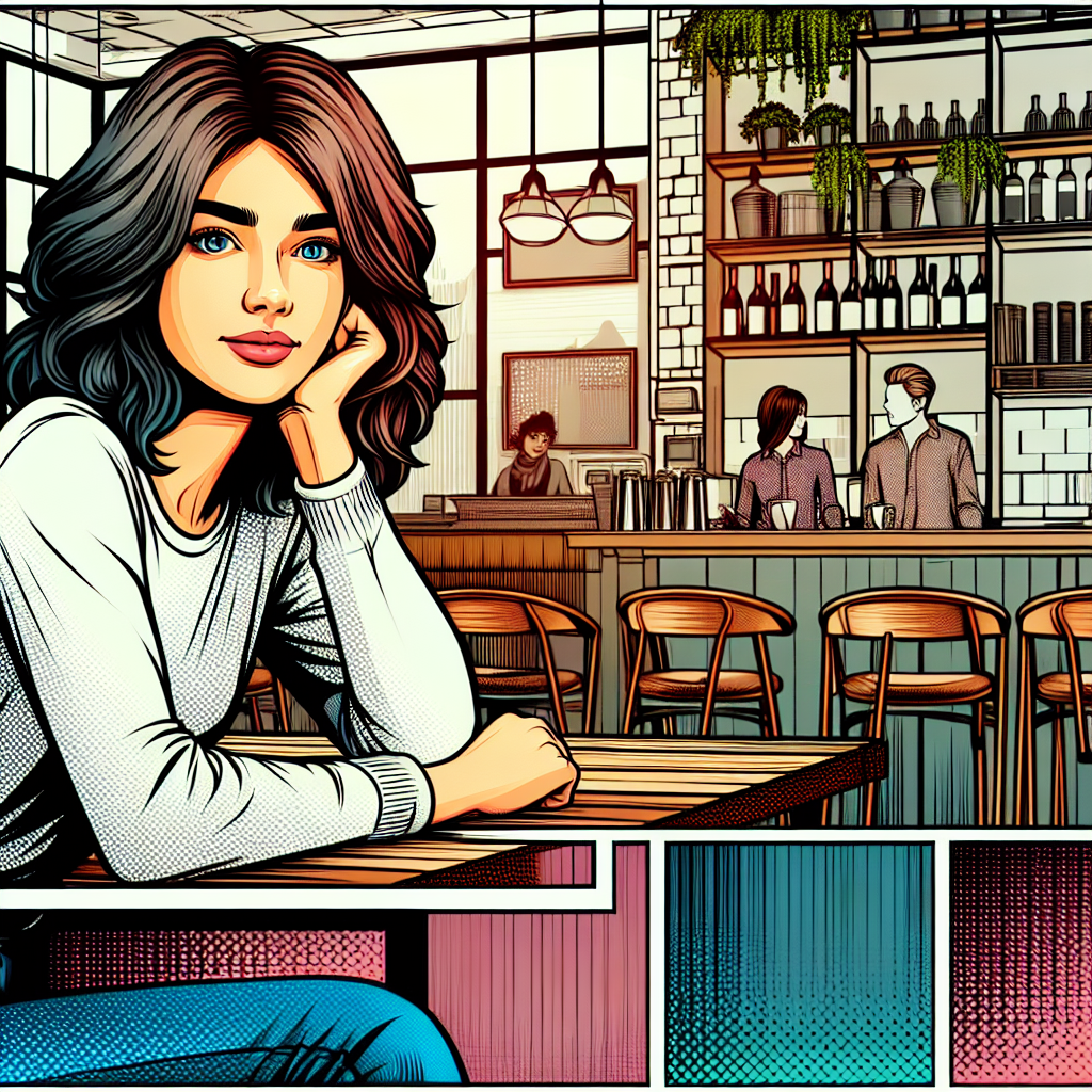 Create a vibrant and highly detailed comic book art of a Caucasian girl sitting in a café. The image should portray a graphic novel style illustration with 2D minimalistic details and enriched with colors to intensify the overall appeal.