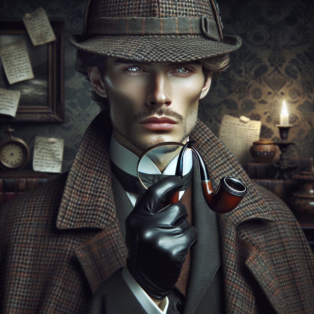 Create a detailed portrait of a classic male detective from the late 19th century. He is wearing a tweed deerstalker hat and an Inverness cape. He has sharp features, a hawk-like nose, thin lips, and his eyes are sparkling with intelligence. He is holding a magnifying glass in one hand and an antique pipe in the other. His deerstalker hat enhances his enigmatic look. The background is a dimly lit Victorian era room filled with antiques, mystery novels, and notes pinned to the wall. The atmosphere should be filled with suspense and intrigue.