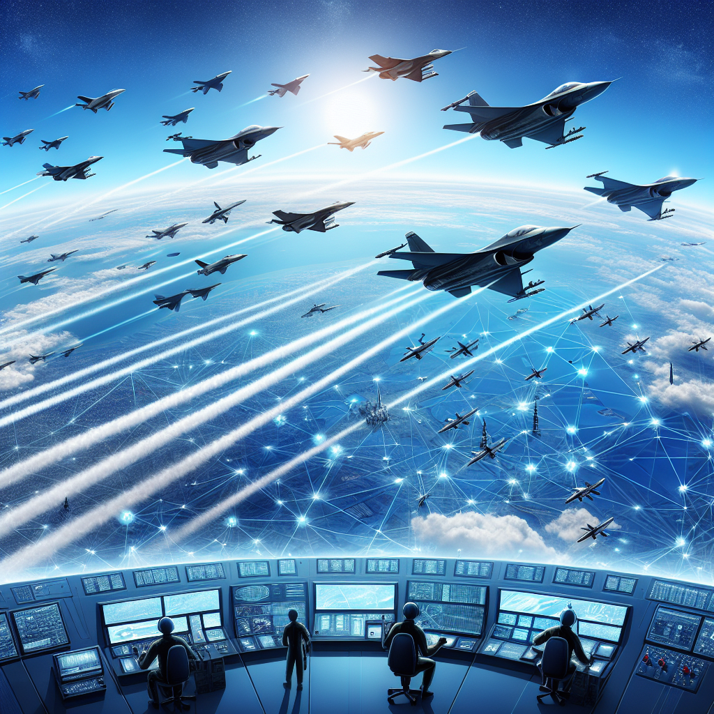 A depiction of an air force with a fleet of jets soaring in the sky, creating contrails which are bisecting the endless blue expanse overhead. Below, a ground control station can be seen bustling with activity. Operators are seen communicating, coordinating the flight paths and missions. The landscape, filled with technological marvels, represents the advanced, precise strategies associated with air force operations.