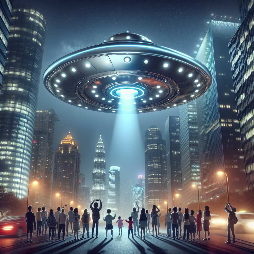 Create a realistic depiction of a modern city at night with vibrant lights reflecting off the steel skyscrapers. Suspended between these towering buildings is a smooth, silver saucer-like spacecraft reflecting the city lights and creating a sense of futurism and mystery. On the streets below, a diverse crowd of different ages, descents, and genders stand in awe, looking up with expressions of surprise and curiosity. Some are capturing the sight with their cameras, while excited children point upward. The UFO emits a soft glow, illuminating the surrounding areas and contrasting with city lights. This casts light spots on the ground and reflections on the buildings and people's faces. Also, display a close-up view of the entrance or thruster of the UFO, detailed with panel lines, lights, and unknown symbols, against a blurred city silhouette in the background.