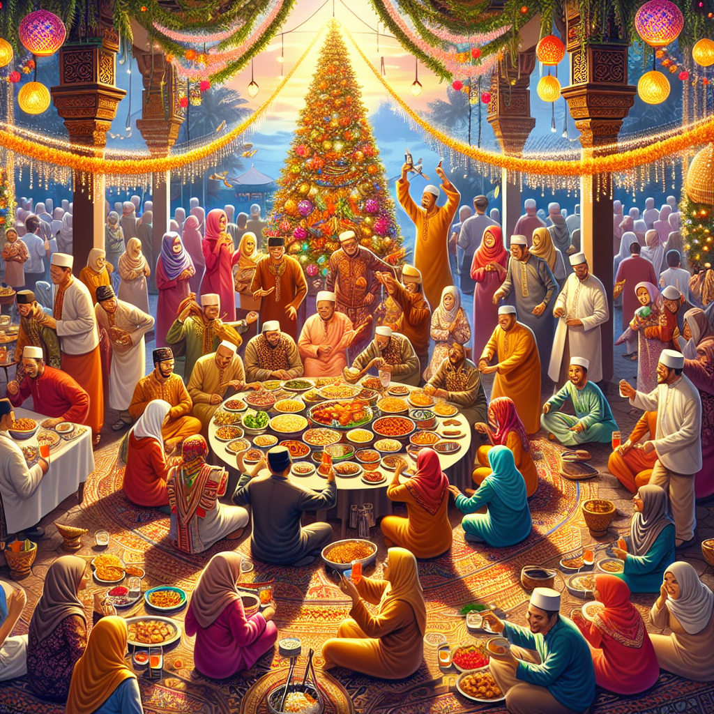 Depict a scene of an infrequently held cultural custom introduction, traditional holiday celebration, and seasonal food festival. For the year-round schedule, refer to the official website of the exhibition hall or consult the front desk. Include vibrant decorations, enthusiastic participants of diverse descents including Caucasians, Hispanics, and South Asians, and a variety of traditional festive foods being cooked and enjoyed.