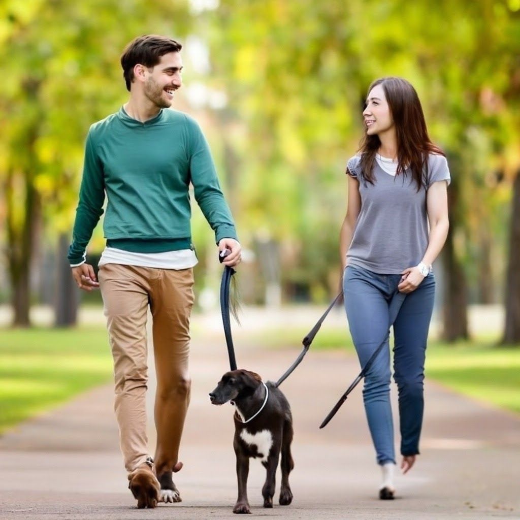 a young man and a young woman walking a dog in a beautiful park