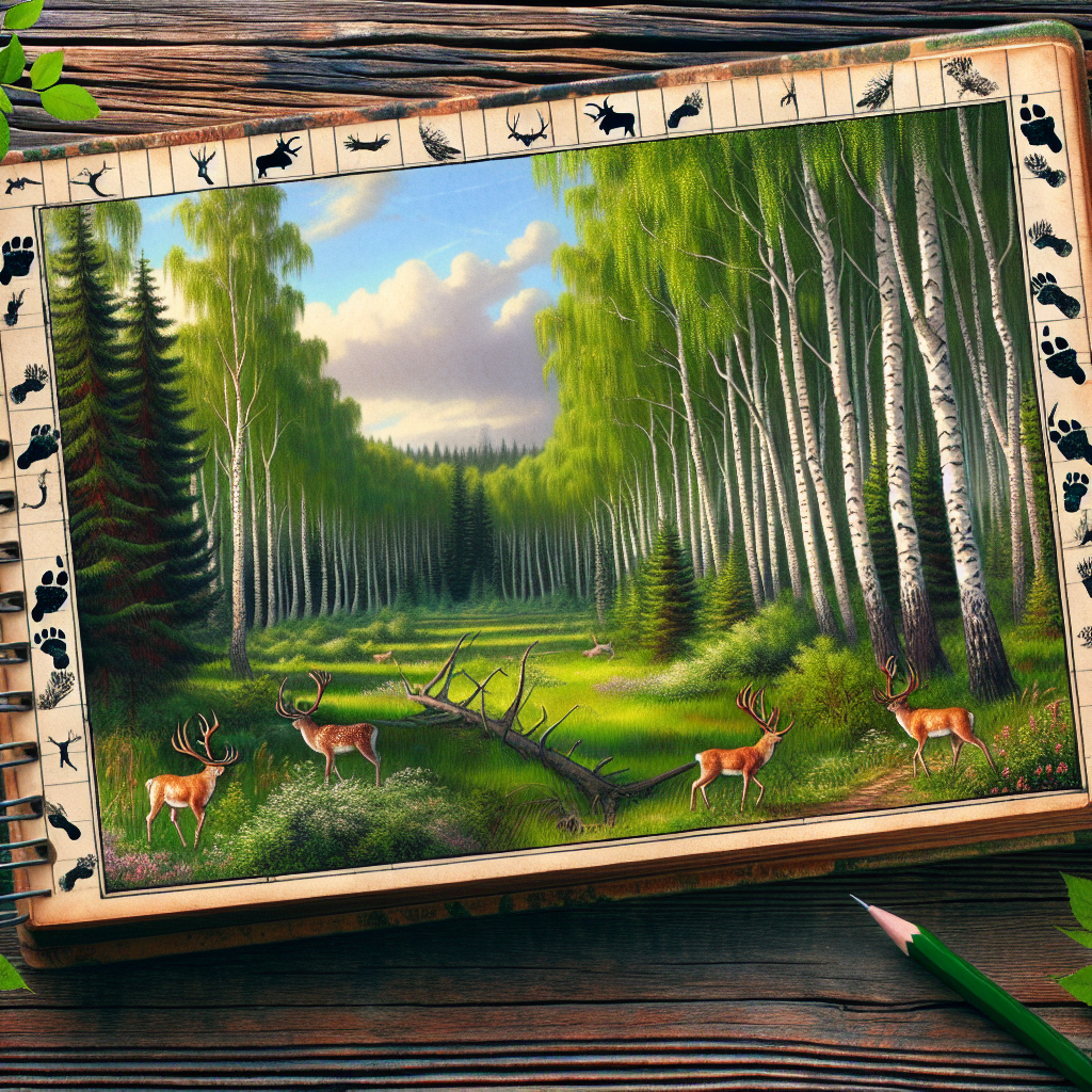 Create an image of a hunter's notebook entry, depicting a Russian forest scene, which includes a dense array of birch and pine trees, a clear sky creating a beautiful contrast with the forest's greenery, and footprints of wild animals scattered around, indicative of a lively ecosystem.