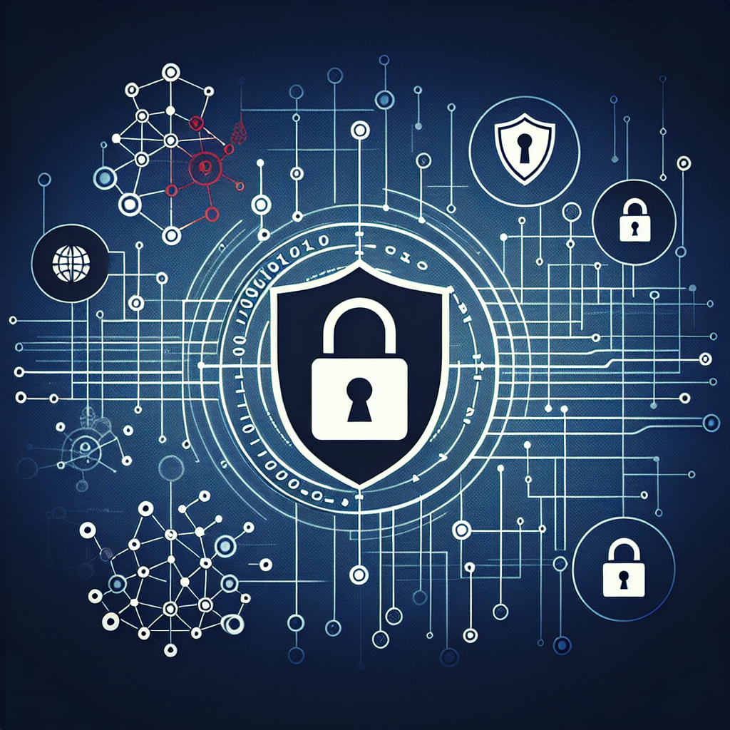 An image representing internet security. Include symbols commonly associated with the concept such as a padlock, a shield, and binary code. Create a backdrop symbolizing a network of interconnected nodes, possibly using lines and dots for a minimalist, abstract representation. Make sure to incorporate contrasting colors to emphasize the elements.