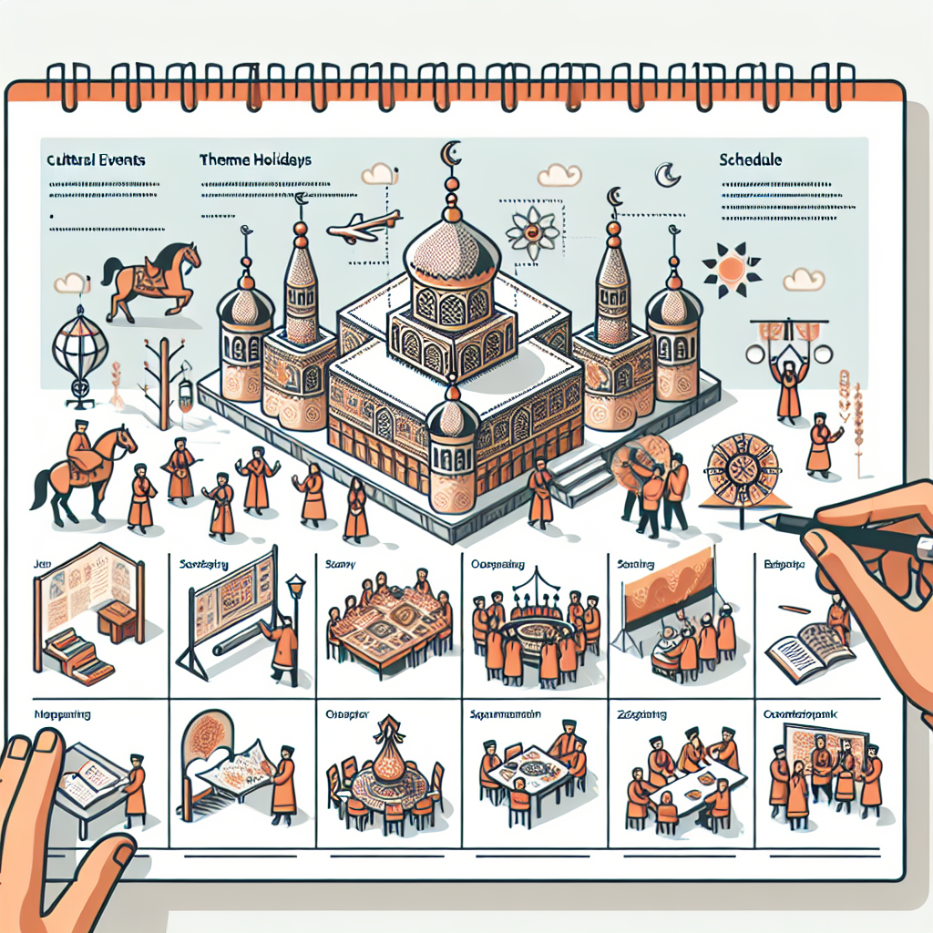 Create an image that visualizes a cultural events and schedule that regularly takes place besides the usual classes. They regularly organize various cultural events and theme holidays, as outlined in the event calendar. Each event is a deep exploration of Kazakh culture, providing a unique cultural experience.