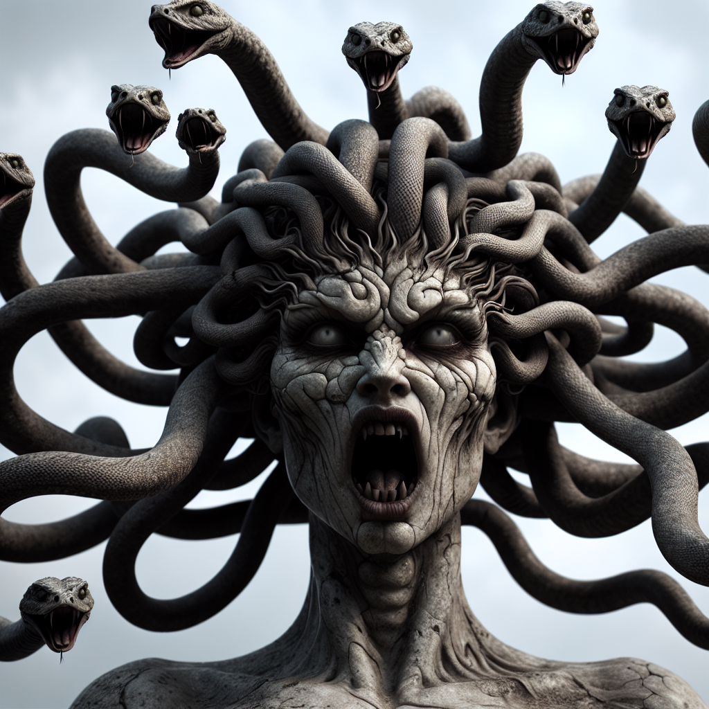 Generate an image of a Medusa, a figure from Greek mythology known for her hair of living, venomous snakes and a gaze that turns onlookers to stone. She should be depicted as a fearsome figure, with snarling snakes for hair and stone-like skin, embodying the terror of her mythological persona.