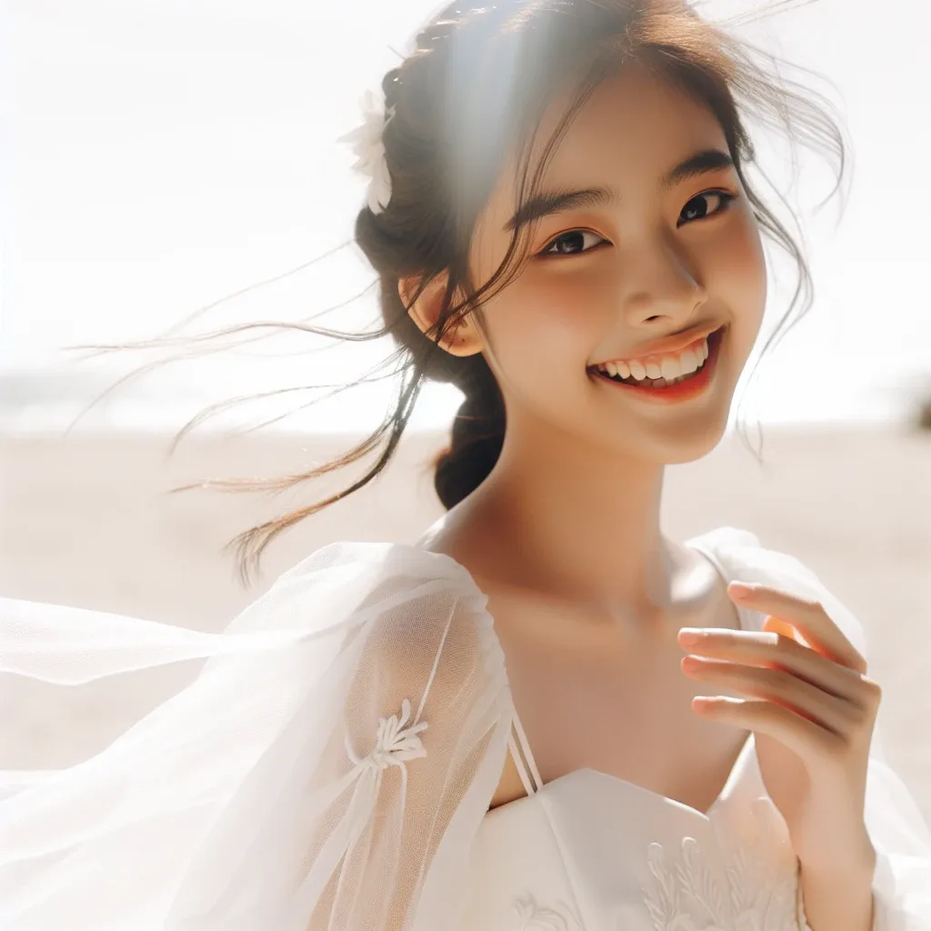 A young Southeast Asian girl wearing a pristine white dress. She holds a radiant smile on her face as she stands under the bright sunlight. The breeze slightly rustles the fabric of her dress, creating a lovely movement. Her hair, styled into a loose braid, sweeps across her back. She has a playful and light-hearted expression, as though enjoying a warm summer day.