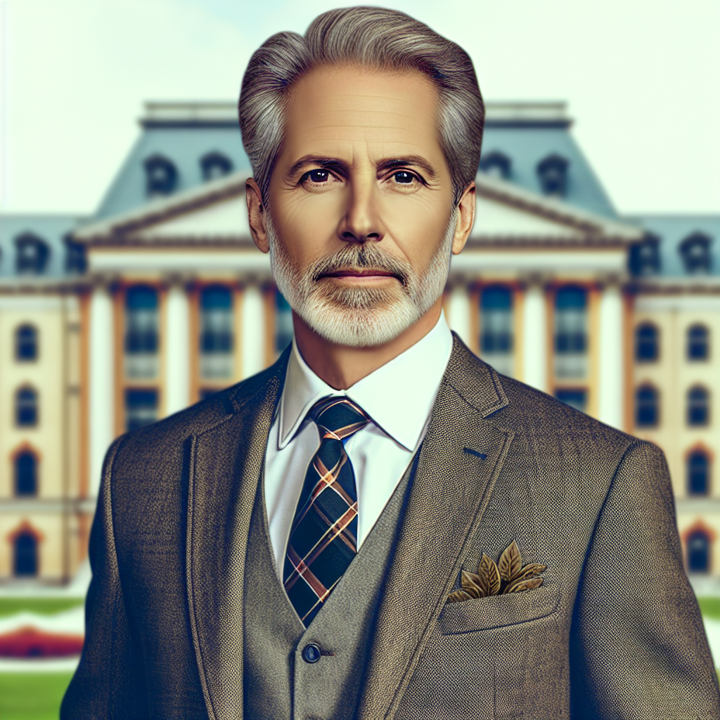Generate an image of a middle-aged, Caucasian male in professional attire, possibly a distinguished academic based on their clothing and demeanor. The background could be a university campus to imply that this gentleman is a university principal.