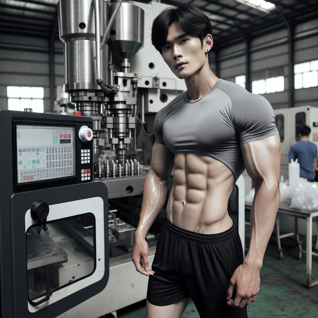 A young Chinese man with perfect physique, wearing sports shorts and a t-shirt, standing next to an injection molding machine in a factory, instructing workers. His expression is serious, and the entire contour of his body is visible.
