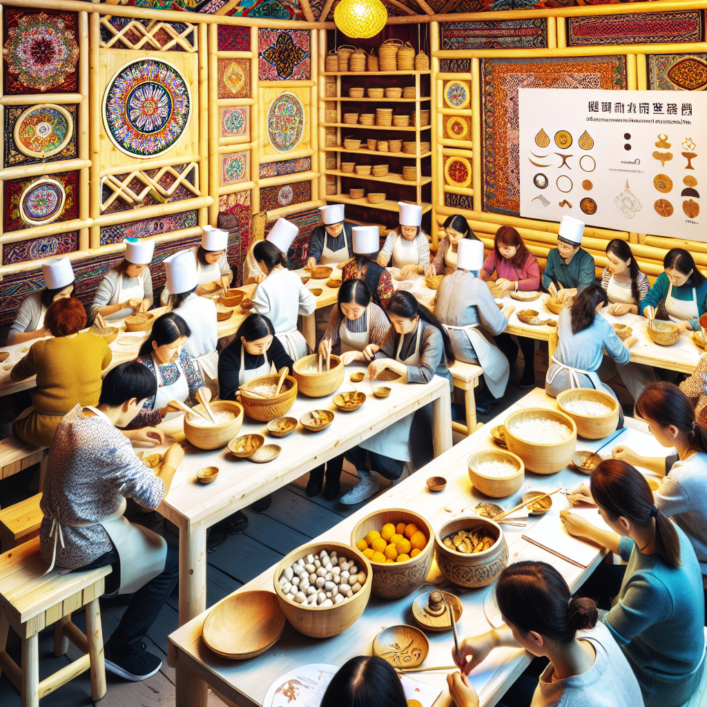 A vibrant classroom dedicated to the study and propagation of the traditional Kazakh food culture, focusing on the preparation of kumis. Participants actively engage in the food preparation course, learning not only the technique of making kumis but also the cultural stories and nutritional values behind it. The scene exudes an inviting atmosphere with a mix of both beginners and experts, hoping to provide every visitor an intimate opportunity to connect with the traditional culture.