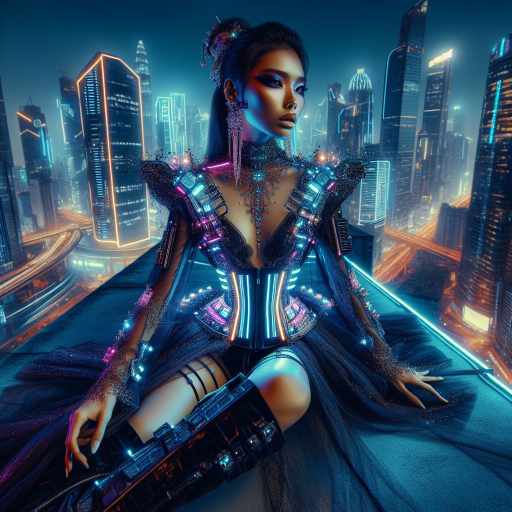 Futuristic photoshoot atop a city roof: The scene captures a glamorous, high-fashion photoshoot for a digital magazine. The model, a South Asian female, wears innovative and avant-garde clothing. Her outfit is intricate and brimming with high-fashion details. This is all in a setting of a futuristic, cyberpunk cityscape, bathed in the radiant glow of neon lights. The city provides the perfect background, making the model stand out in stark contrast, yet also part of this vibrant and intense world. The genre is reminiscent of the futuristic fashion photography found in popular fashion journals.