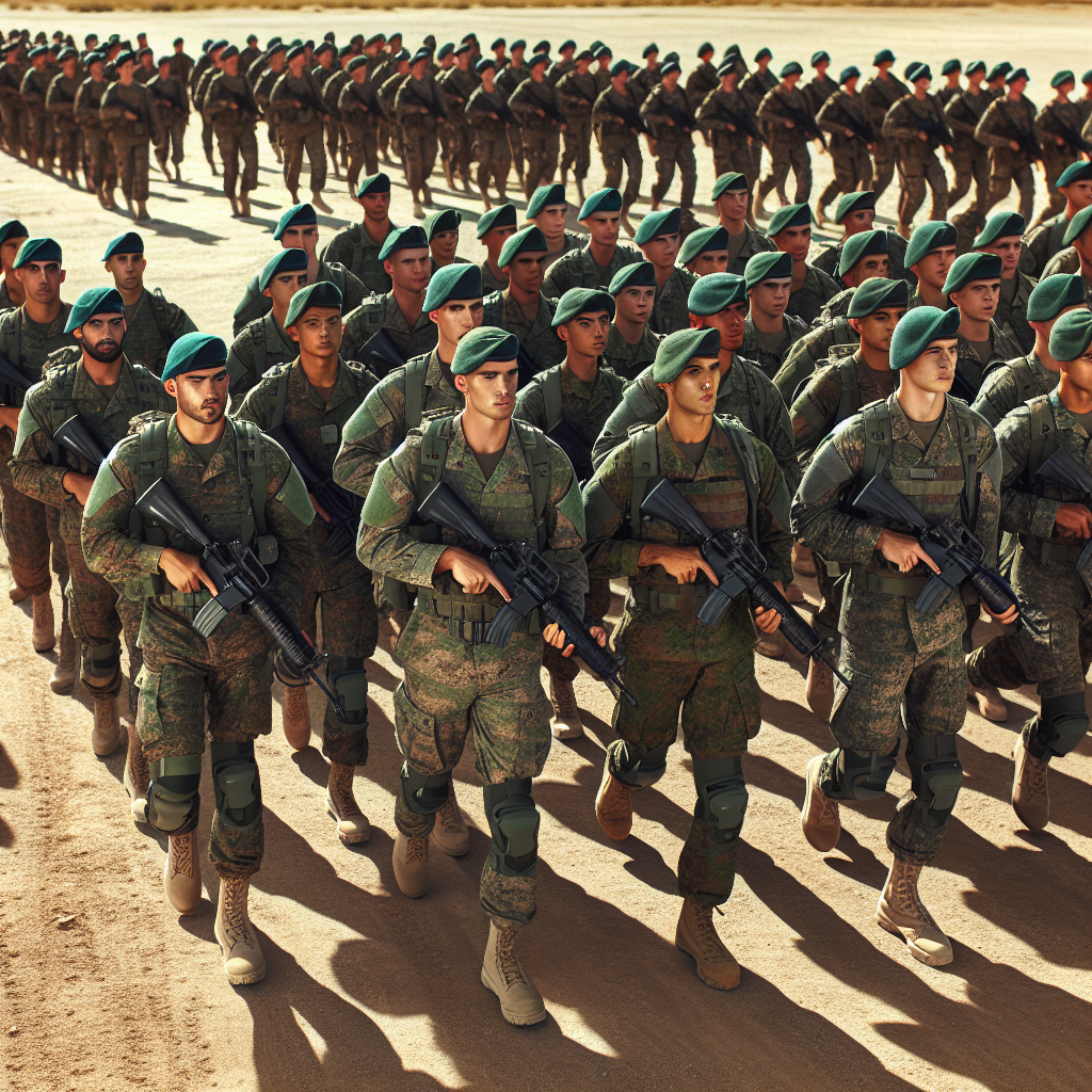 An image of a group of soldiers marching in formation. The soldiers are dressed in green military camouflage, with combat boots, green berets on their heads, carrying rifles over their shoulders. The scene is desertified, with the hot sun overhead casting long shadows behind the soldiers. The tangible discipline, unity, and determination can be felt from the scene. The soldiers have diverse backgrounds. Some are Hispanic men, and others are Middle Eastern women, showing the broad representation in the army.