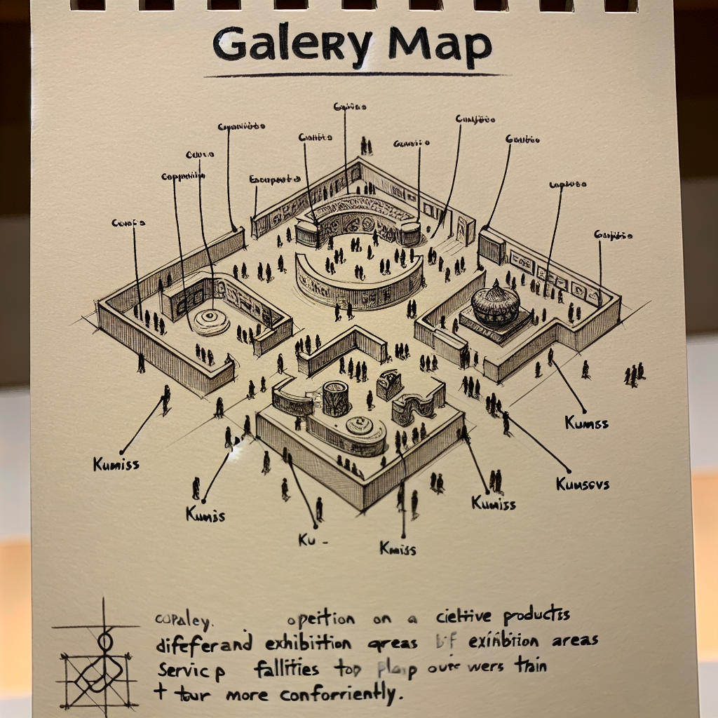 An observational sketch of a gallery map for an exhibition, clearly marking the positions of different exhibition areas, service facilities to help visitors plan their tour more conveniently. The exhibition is focused on the cultural and creative products inspired by the Kumiss culture.