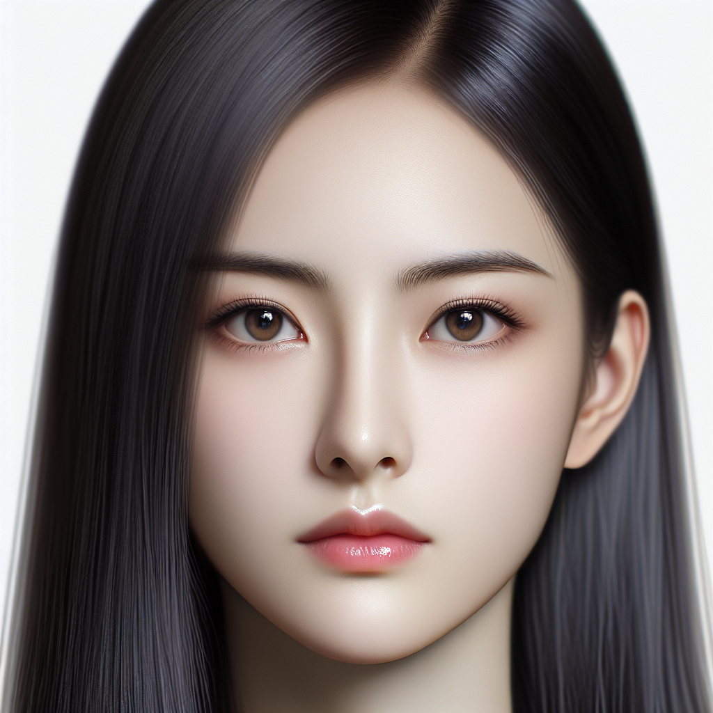 Generate a front-facing portrait of a beautiful modern Chinese woman, who has a serious expression. She has fair skin, almond-shaped eyes, a delicate nose, small lips, and long, straight black hair.