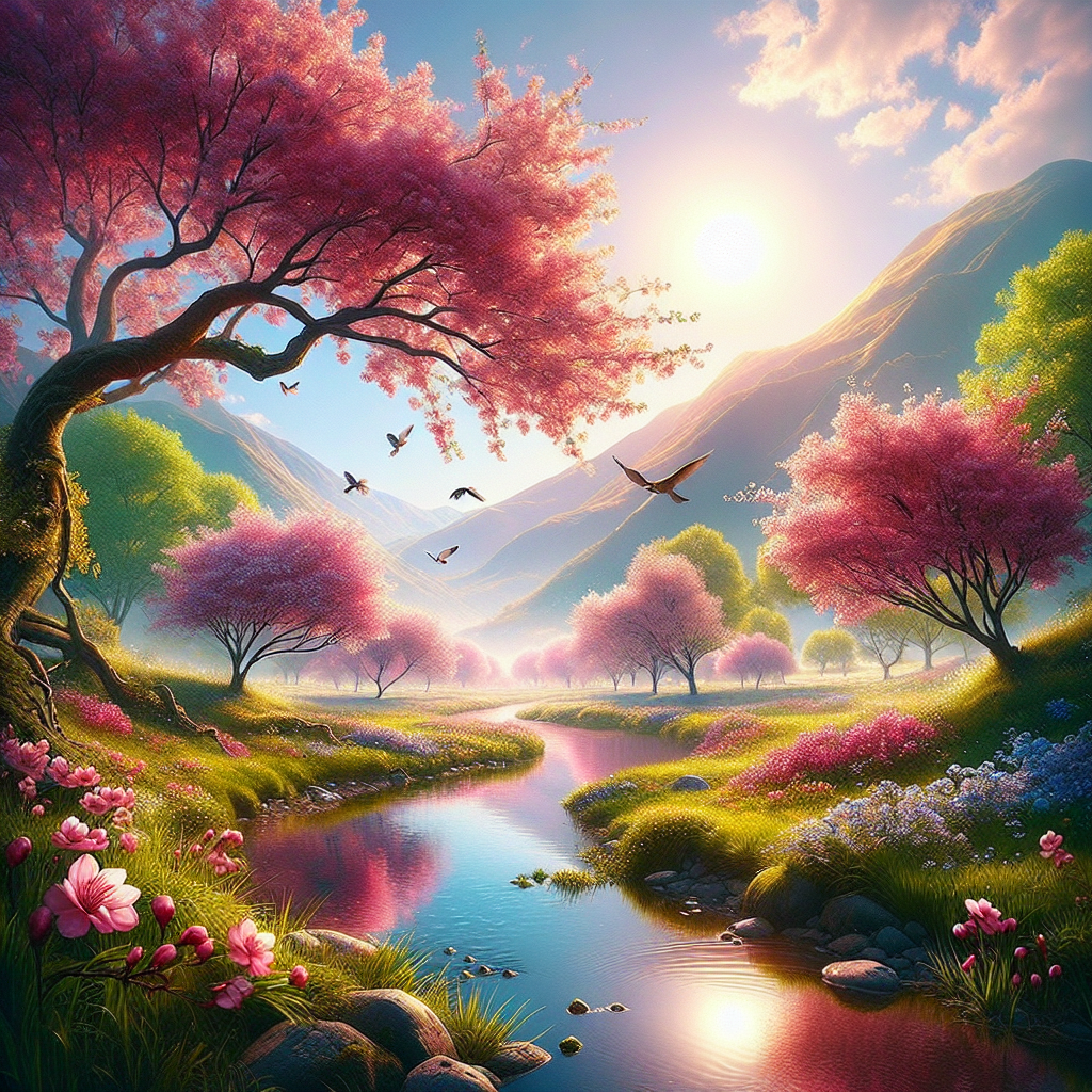 Create a beautiful scene that visually demonstrates 'Spring has arrived' in a cinematic style with a deep depth of field. Imagine cherry blossoms in full bloom, filling the landscape with a blush of pink. A stream trickles by, mirroring the vibrant colors of spring around it. Fresh green leaves sprout in trees, as birds begin to nest. The sky, clear and blue, hosts a warm sun that bathes the world with its gentle rays. Consider the fragrance of blooming flowers swirling in the air, the soft rustle of leaves, the cheerful chirping of birds manifesting the meditation of waking life after a long winter sleep.