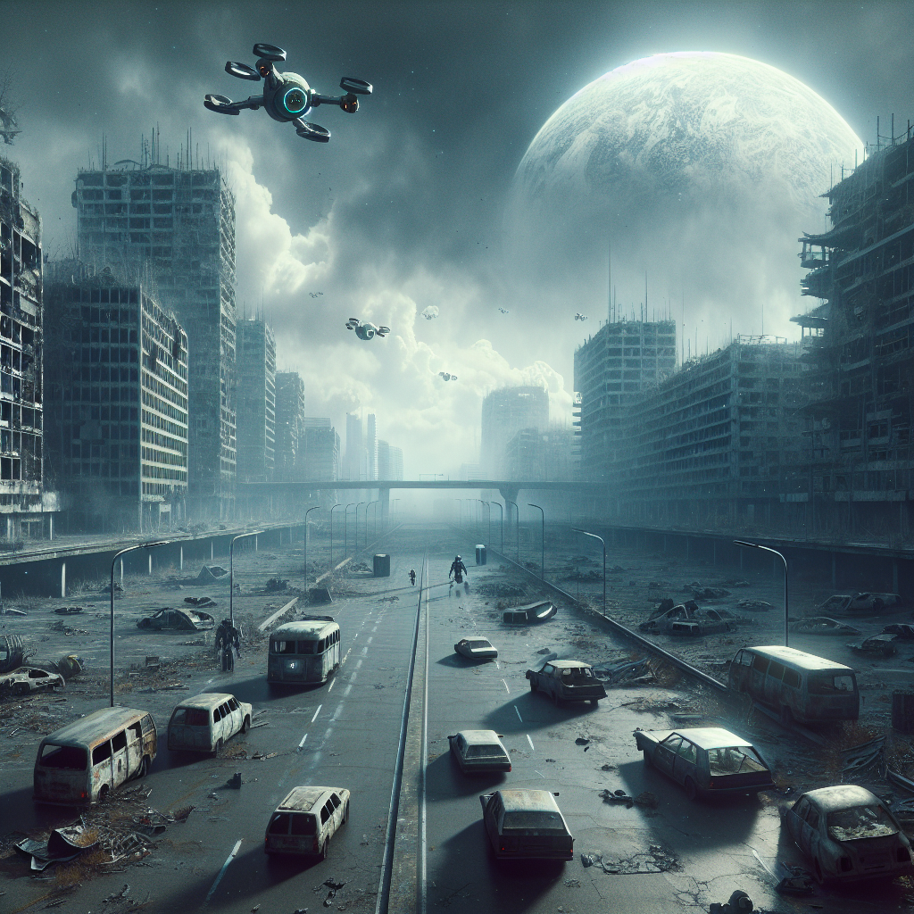 Create a realistic, science-fiction themed image representing the end of the world. Imagine a scene of derelict buildings, abandoned cars, and empty streets. Overhead, the sky might be a mottled gray, foreboding and heavy with angst. Perhaps there are stray robots or drone-like machines roaming among the ruins of what was once a bustling city. The world has a distinctly post-apocalyptic flair, and the air bristles with the electric charge of a disappeared civilization. This image should evoke the eerie loneliness of an intelligent life extinguished, and the stark, forbidding beauty of a world returned to itself.