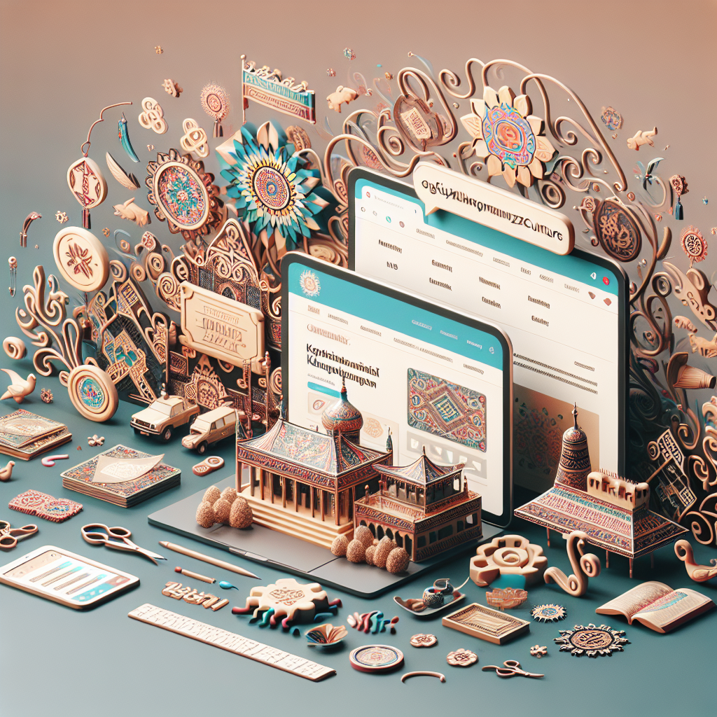 Please generate an image highlighting the official website and social media platforms, the primary source for latest updates regarding Kazakh Komuz culture events and workshops for producing Komuz. The scene should depict digital platforms like a website and social media profiles, promoting cultural events, with hints of Kazakh symbols and aesthetics.