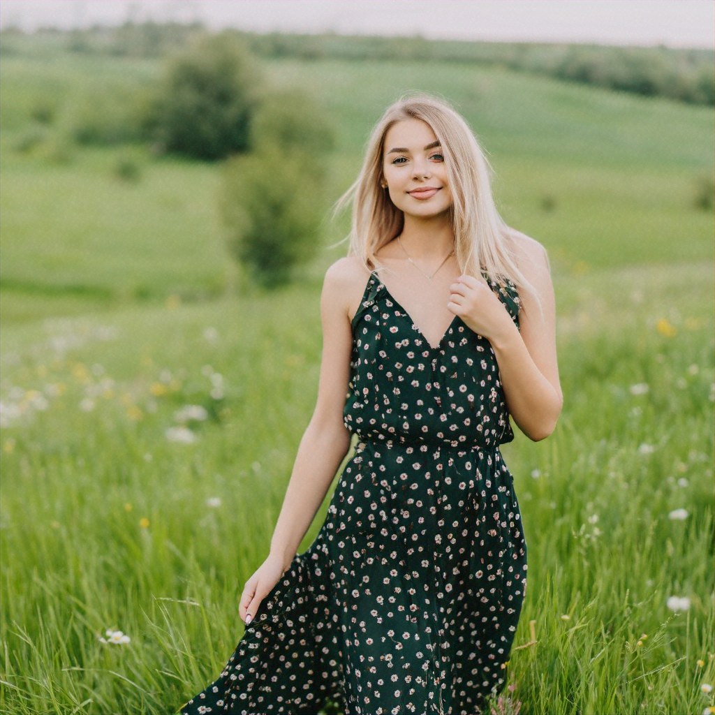 a beautiful girl walking on a green field, her face is looking at the camera