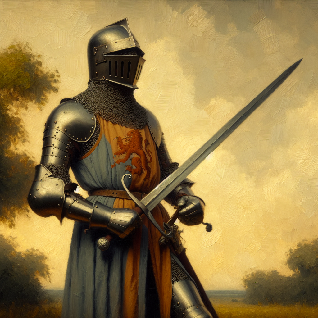 Create an oil painting of a male knight from the Middle Ages. The portrayal should be full-body, with the knight garbed in period-appropriate armor, brandishing a longsword. Ensure that the backdrop sets the scene in a medieval landscape.