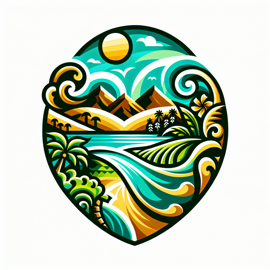 Design a distinctive logo or mascot for Hawaii. This design should embody the culture and beauty of the Hawaiian Islands, incorporating elements such as sweeping landscapes, beautiful beaches with shimmering turquoise waters, lush tropical greenery, unique wildlife, and traditional Polynesian elements. Please use a vibrant palette of colors that includes aqua, green, yellow, and brown to bring this to life.