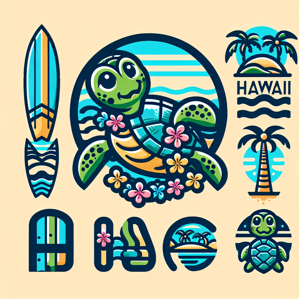 Design a logo or a mascot for Hawaii. The mascot could be a Hawaiian green sea turtle, one of Hawaii's most iconic creatures. The turtle could be presented in a friendly, cartoonish style with a lei (Hawaiian flower garland) around its neck. For the logo, incorporate symbols of Hawaiian culture such as palm trees, surfboards and the state's unique typography. The primary colours should be a mix of vibrant blues, greens, and yellows to reflect the region's natural beauty. The elements should be arranged harmoniously, representing the spirit of aloha - welcoming, friendly, and embracing.
