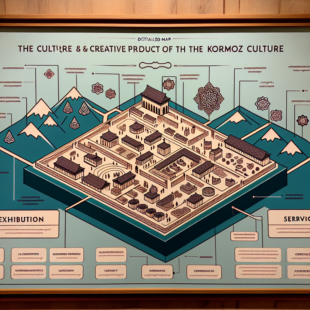 A detailed map of a gallery exhibiting the culture and creative products of the Kormoz culture. The map should clearly mark the positions of various exhibition areas and service facilities to help patrons conveniently plan their visit route.