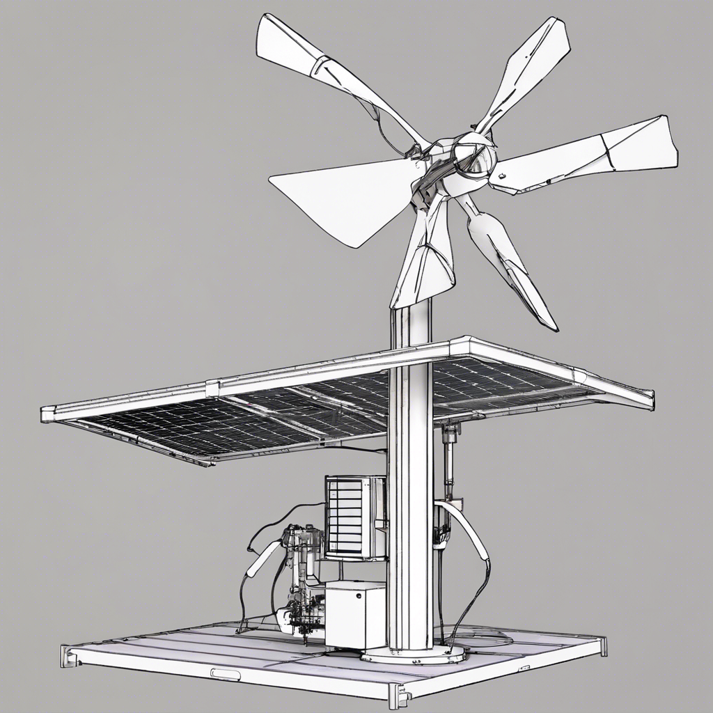 Help me generate a drawing type product structure drawing with the following structure description:
The overall structure of the new household wind and solar complementary generator is a combination of the traditional household wind generator and umbrella structure, which is divided into double impeller, nacelle, yaw structure, flexible solar power generation panel, umbrella bone structure, telescopic column and internal control system.
The overall structure of the generator can be divided into upper and lower parts, the upper part is based on the traditional wind turbine generator mechanism to add a set of impellers to form a double impeller structure, the double impellers will be connected through the shaft. The lower part is designed as an umbrella structure with a telescopic support column, which can make the top nacelle lift automatically. The umbrella bone structure is added to the middle and upper part of the telescopic column, and the flexible solar panel is added to the umbrella surface part.