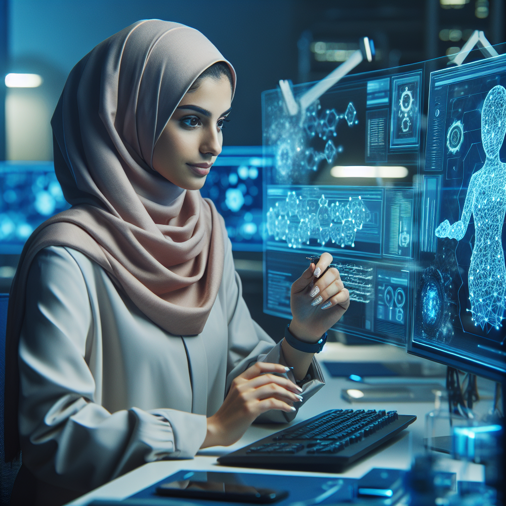 A female Middle-Eastern scientist is immersed in her research within a high-tech laboratory. She is engrossed in studying the complexities of advanced AI technologies. She is surrounded by futuristic equipment, large computers demonstrating intricate algorithms, and blue holographic screens floating in the air, showcasing 3D diagrams and codes. She has an air of passion and determination, showing her dedication towards scientific exploration.