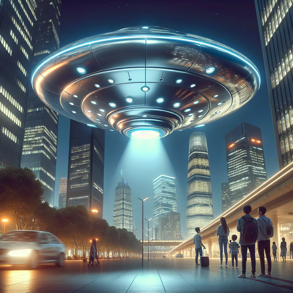 Create an image that captures a scene of a modern city at night with a silver UFO hovering between skyscrapers. The smooth, reflective surface of the UFO mirrors the city lights, creating an atmosphere of future mystery. The contrast between the lights and shadows of city buildings is a significant aspect. On the city streets, people of varying ages, genders, and descents look up at the UFO in astonishment and curiosity. Some are taking photos, while children are filled with excitement. The UFO emits a gentle glow, illuminating the surrounding air and forming light spots on the ground, contrasting with the city lights. It also reflects off buildings and faces of people. The UFO's entrance or thrusters are put under emphasis, with details including panel lines, lights, and unknown symbols, all against the blurred outline of the city. The fine details, textures, and light interactions on the UFO surface should be meticulously rendered.